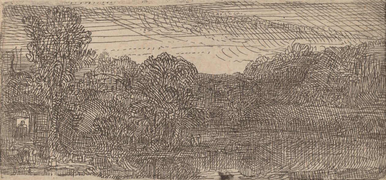 Litet grått landskap: ett hus och träd bredvid en pool, ca. 1640. av Rembrandt van Rijn