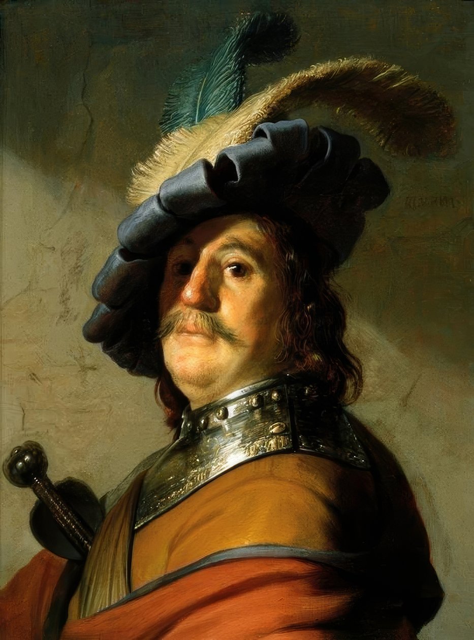 Soldat med järnkrage och fjäderhatt av Rembrandt van Rijn