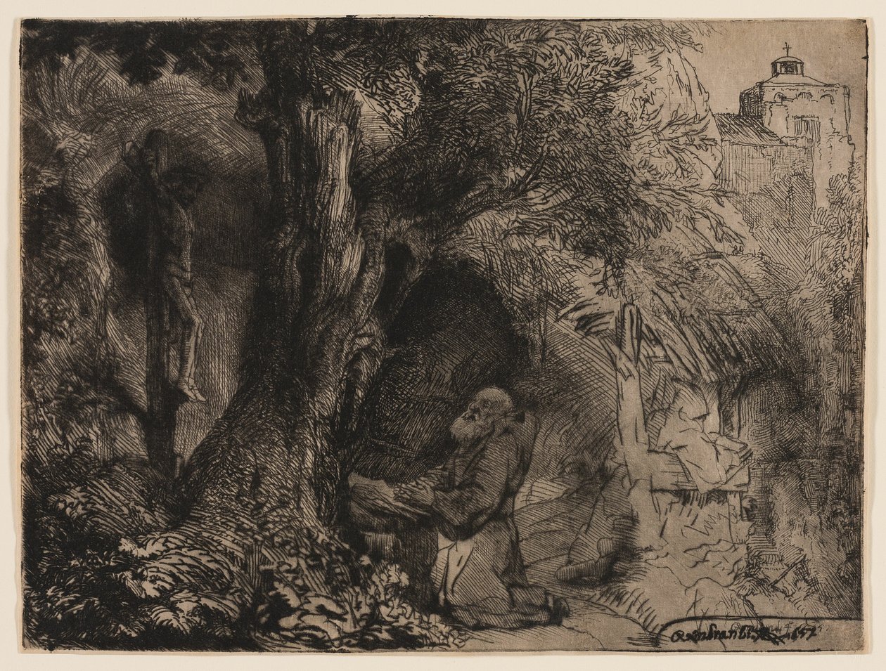 St Francis under ett träd ber av Rembrandt van Rijn
