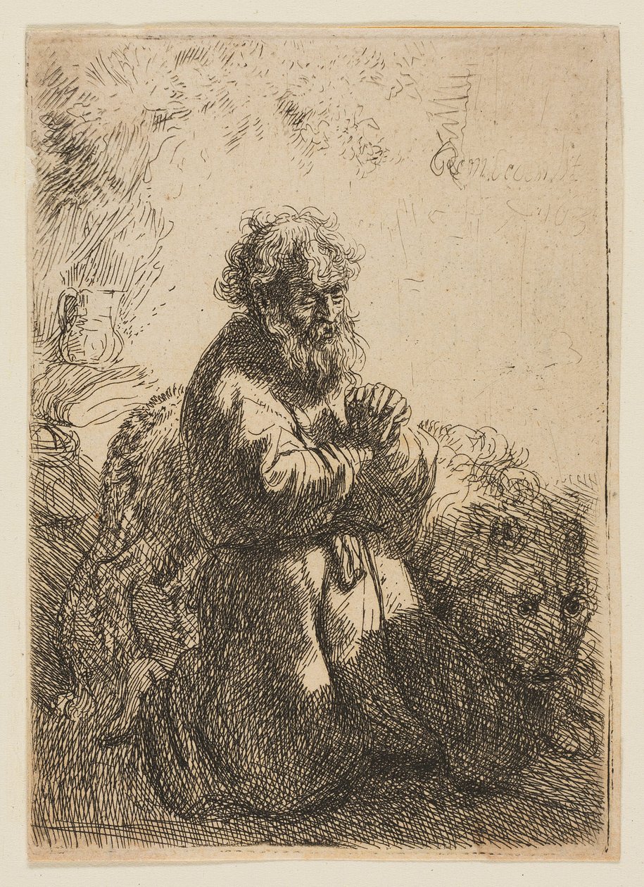 St. Jerome knäböjer i bön och tittar ner av Rembrandt van Rijn
