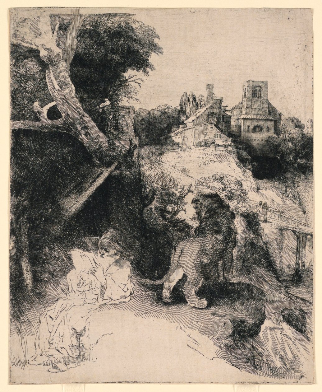 St. Jerome läser i ett italienskt landskap av Rembrandt van Rijn