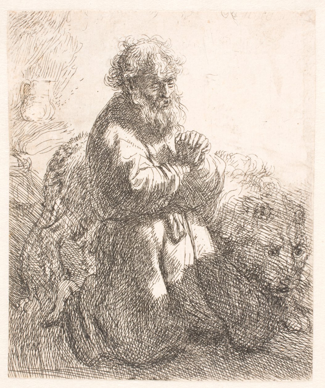 St. Hieronymus knäböjer i bön och tittar ner av Rembrandt van Rijn