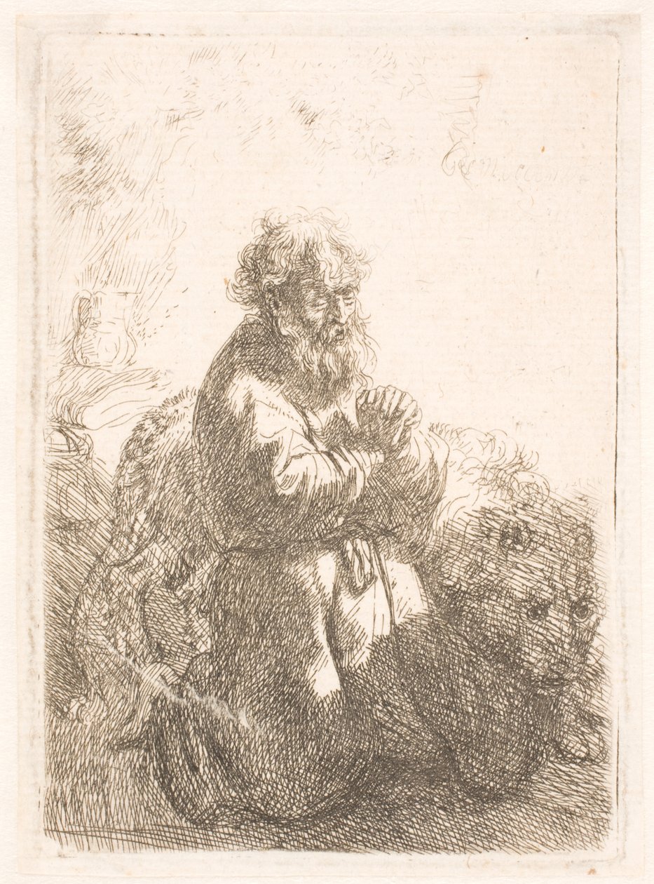St. Hieronymus knäböjer i bön och tittar ner av Rembrandt van Rijn