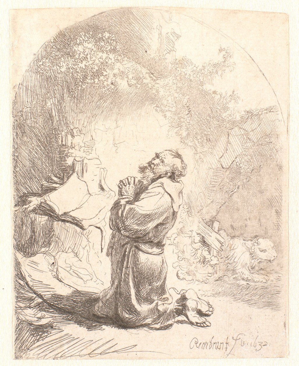 St. Hieronymus ber: välvt tryck av Rembrandt van Rijn