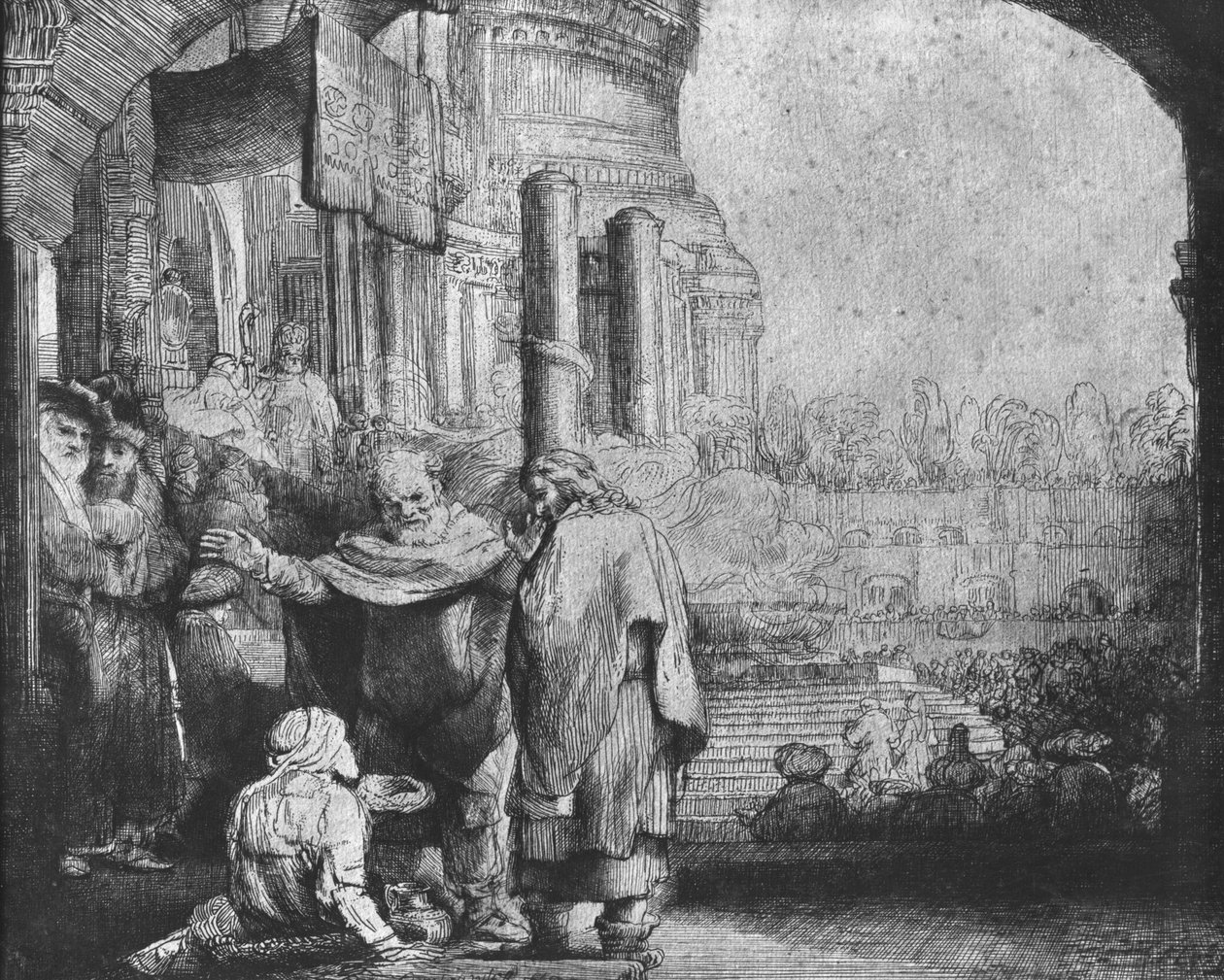 St. Peter och St. John vid ingången till templet, 1649 (etsning) (bw foto) av Rembrandt van Rijn