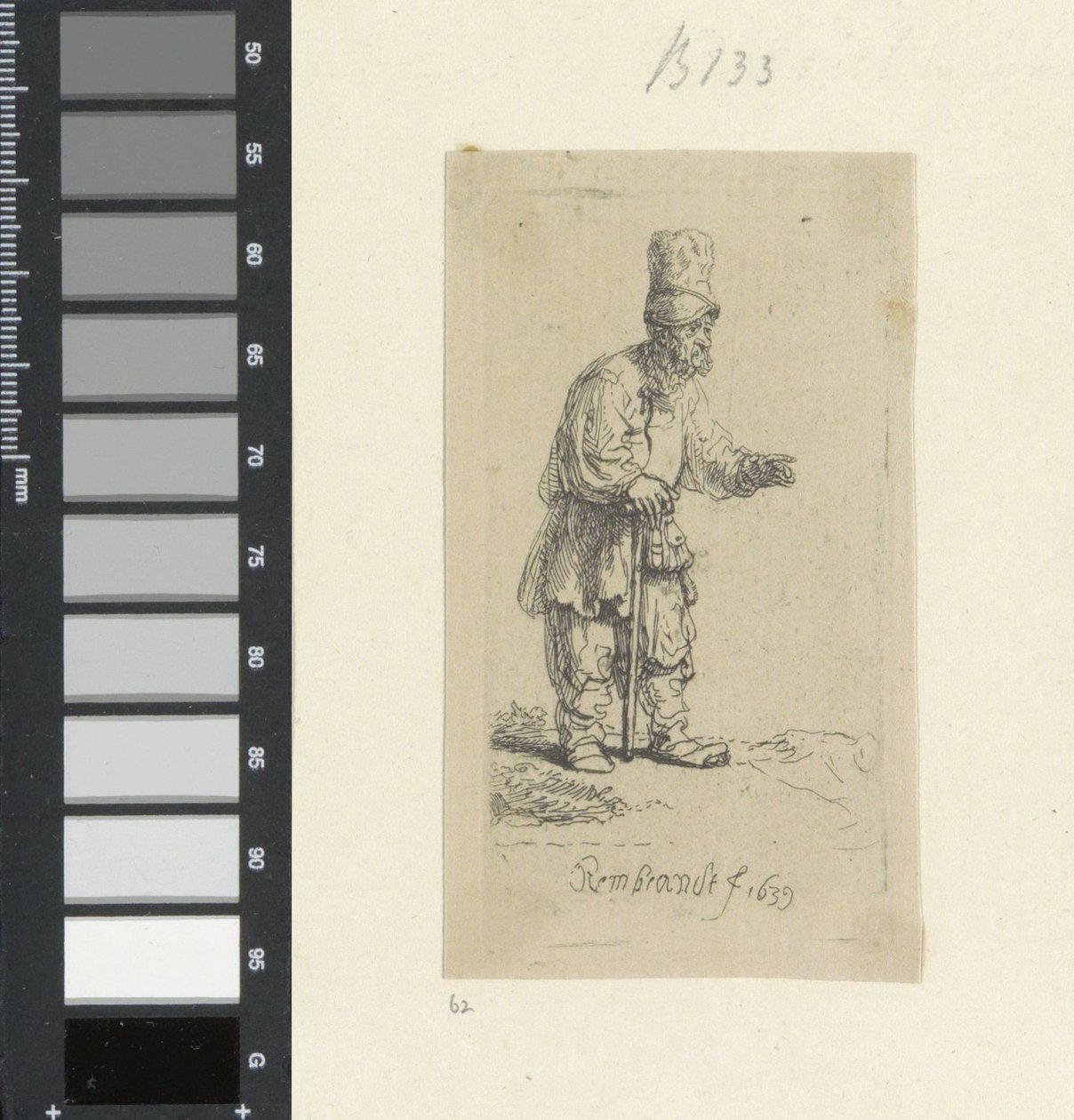 Stående bonde med hög huvudbonad, lutad på en pinne Recueil de quatre-vingt-cinq estampes originales (serietitel) av Rembrandt van Rijn
