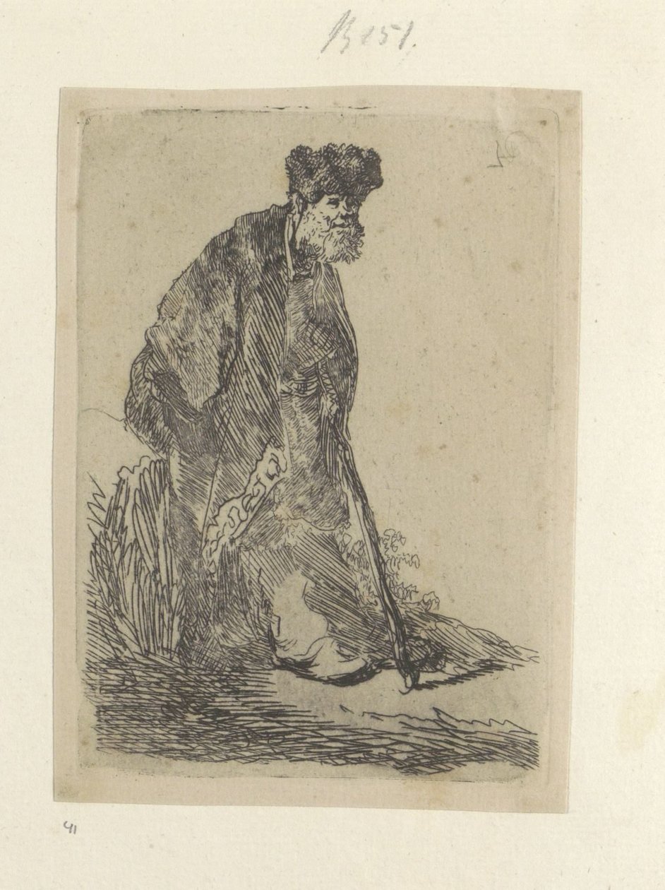 Staande man sätter een lange mantel i bontmuts Samling av åttiofem originaltryck (serietitel) av Rembrandt van Rijn