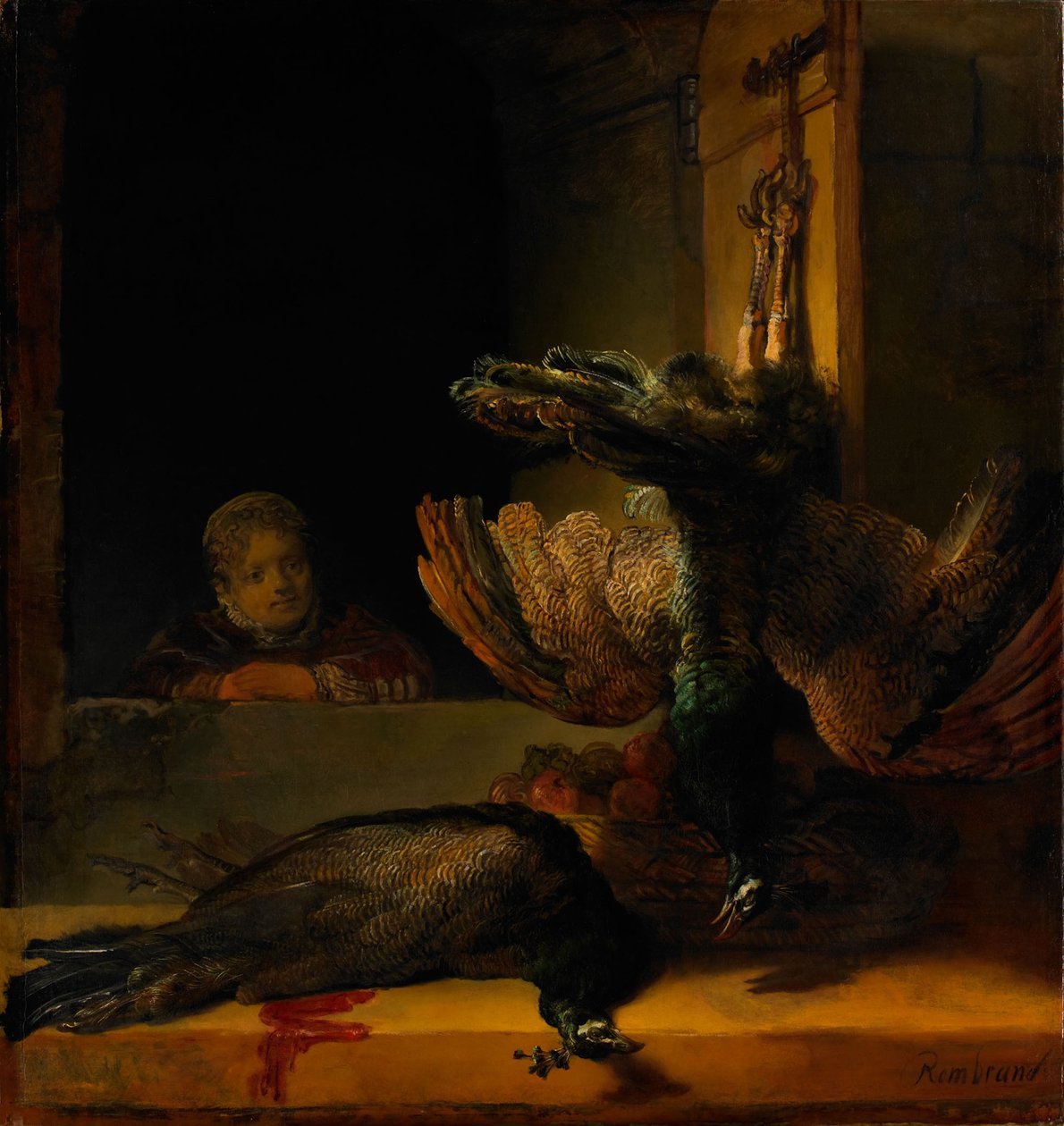 Stilleben med två påfåglar och en flicka, ca 1639 av Rembrandt van Rijn