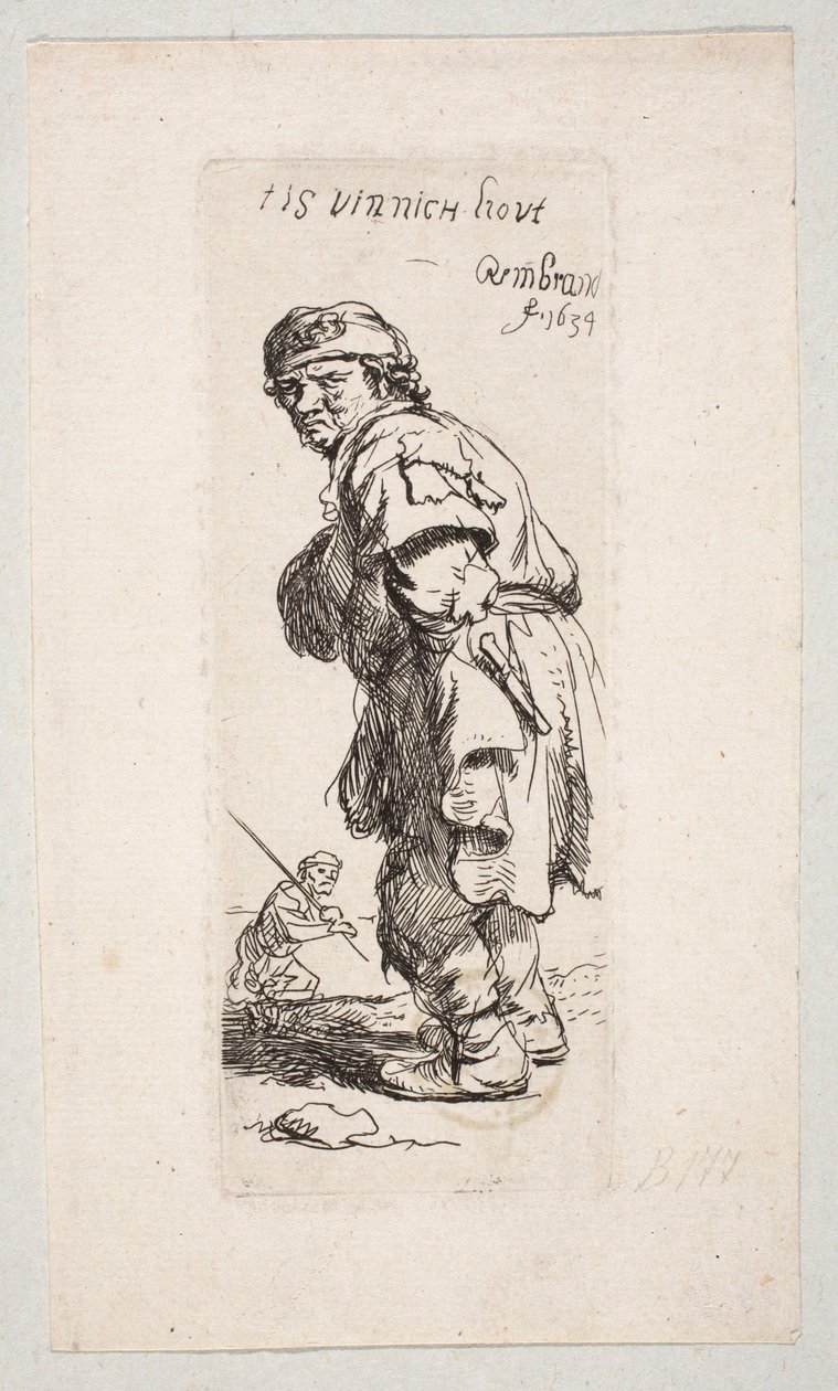 En stående bybo som vänder sig åt vänster och en figur med en käpp i bakgrunden – ”Tis vinnich Kout” av Rembrandt van Rijn