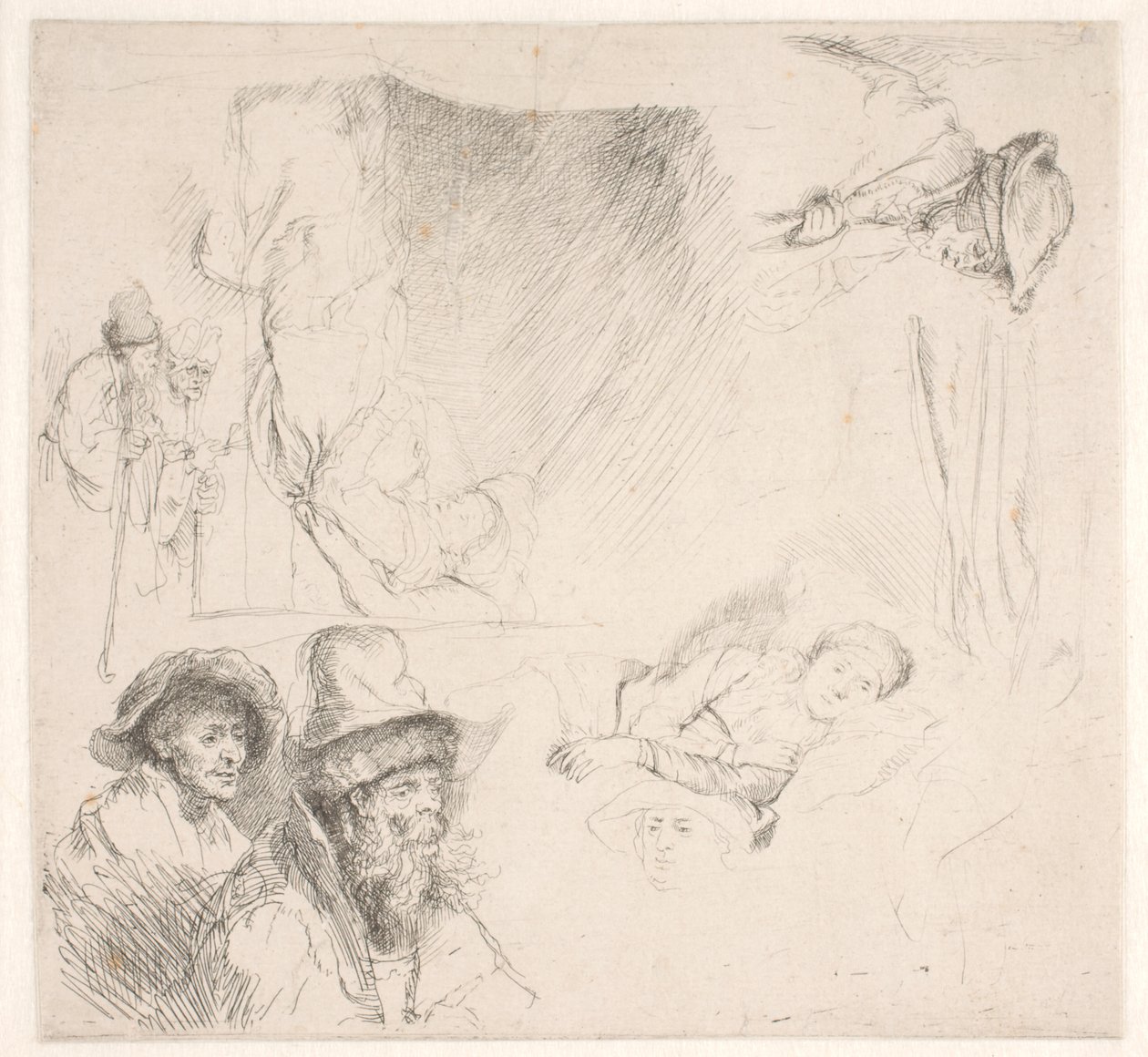 Studieblad, inklusive en sängliggande kvinna av Rembrandt van Rijn