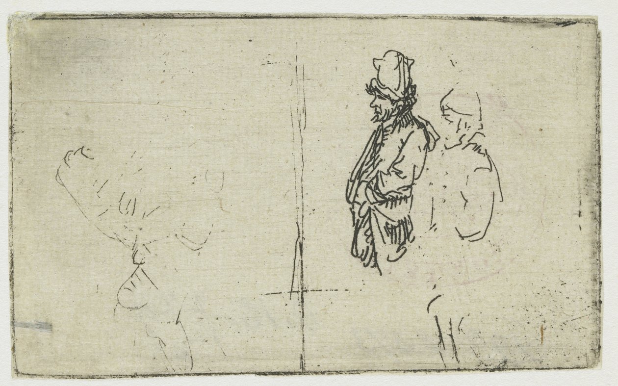 Studieblad med två skisser, varav en föreställer två bönder av Rembrandt van Rijn