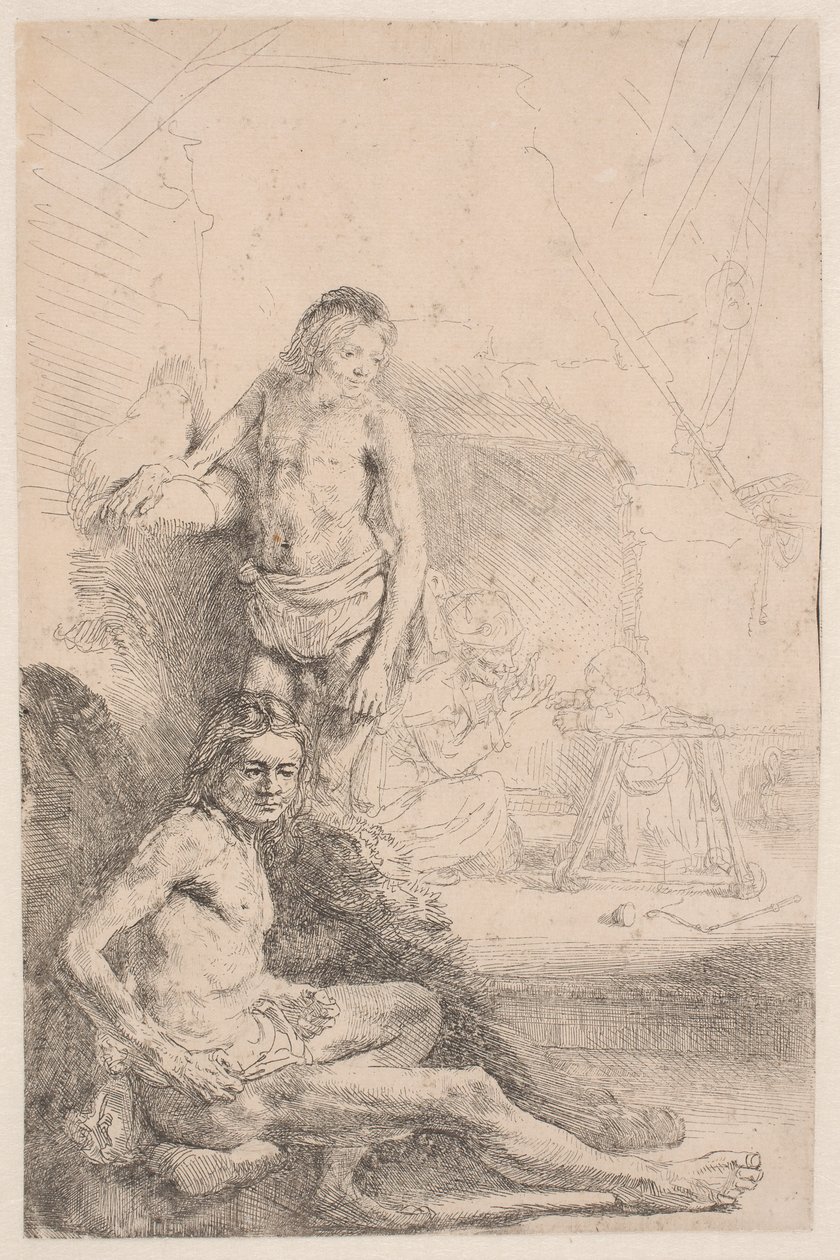 Nakenstudier: en sittande man och en stående man; med en kvinna och ett spädbarn svagt skissade i bakgrunden av Rembrandt van Rijn