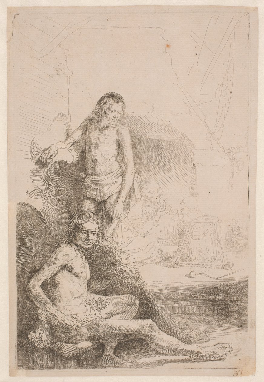 Nakenstudier: en sittande man och en stående man; med en kvinna och ett spädbarn svagt skissade i bakgrunden av Rembrandt van Rijn