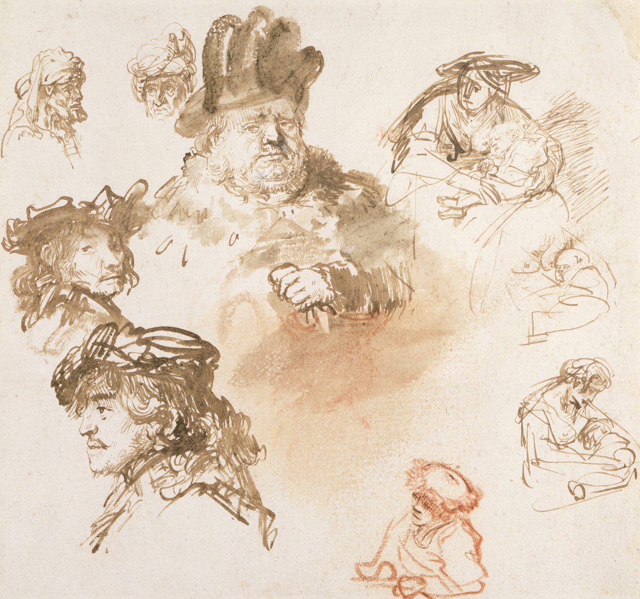 Studier av gamla mäns huvuden och tre kvinnor med barn, ca 1635-36 (bläck och tvätt på papper) av Rembrandt van Rijn