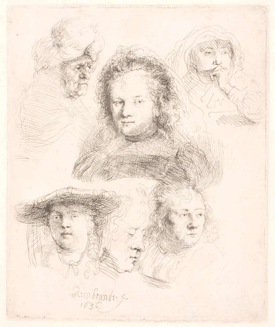 Studier av chef för Saskia m.fl av Rembrandt van Rijn