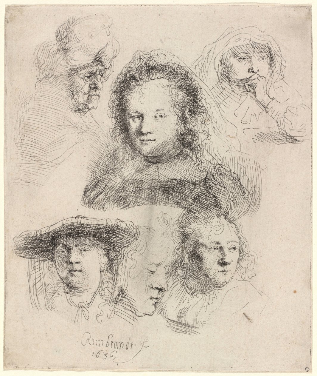 Studier av Saskias huvud och andra motiv av Rembrandt van Rijn