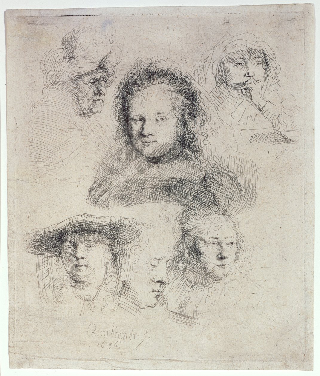 Studier av Saskias huvud och andra motiv av Rembrandt van Rijn
