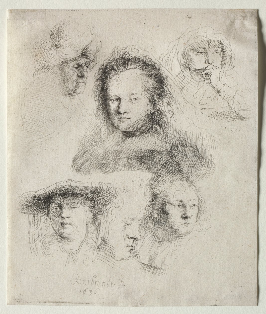 Studier av chefen för Saskia och andra, 1636. av Rembrandt van Rijn
