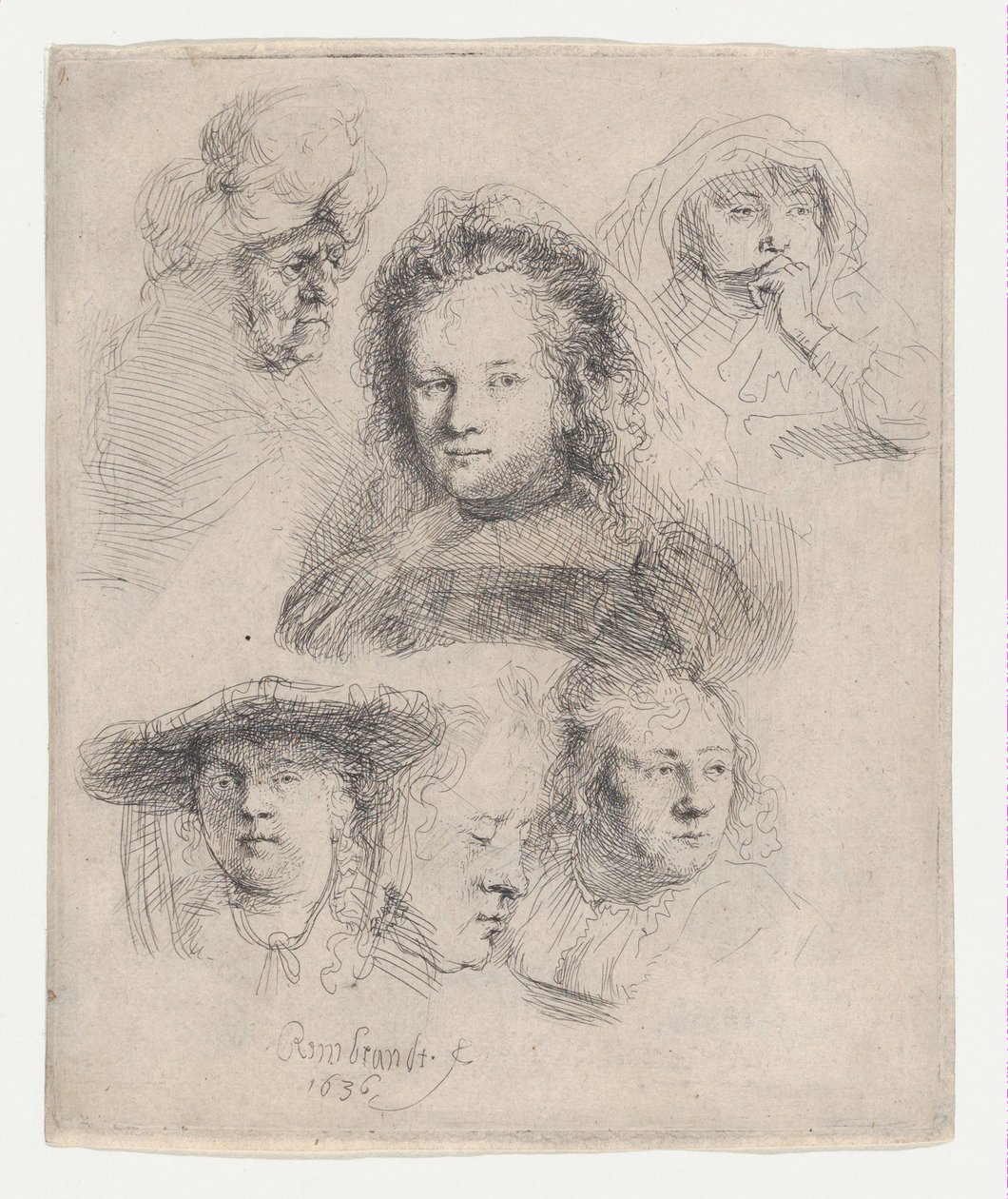 Studier av cheferna för Saskia och andra, 1636., 1636. av Rembrandt van Rijn
