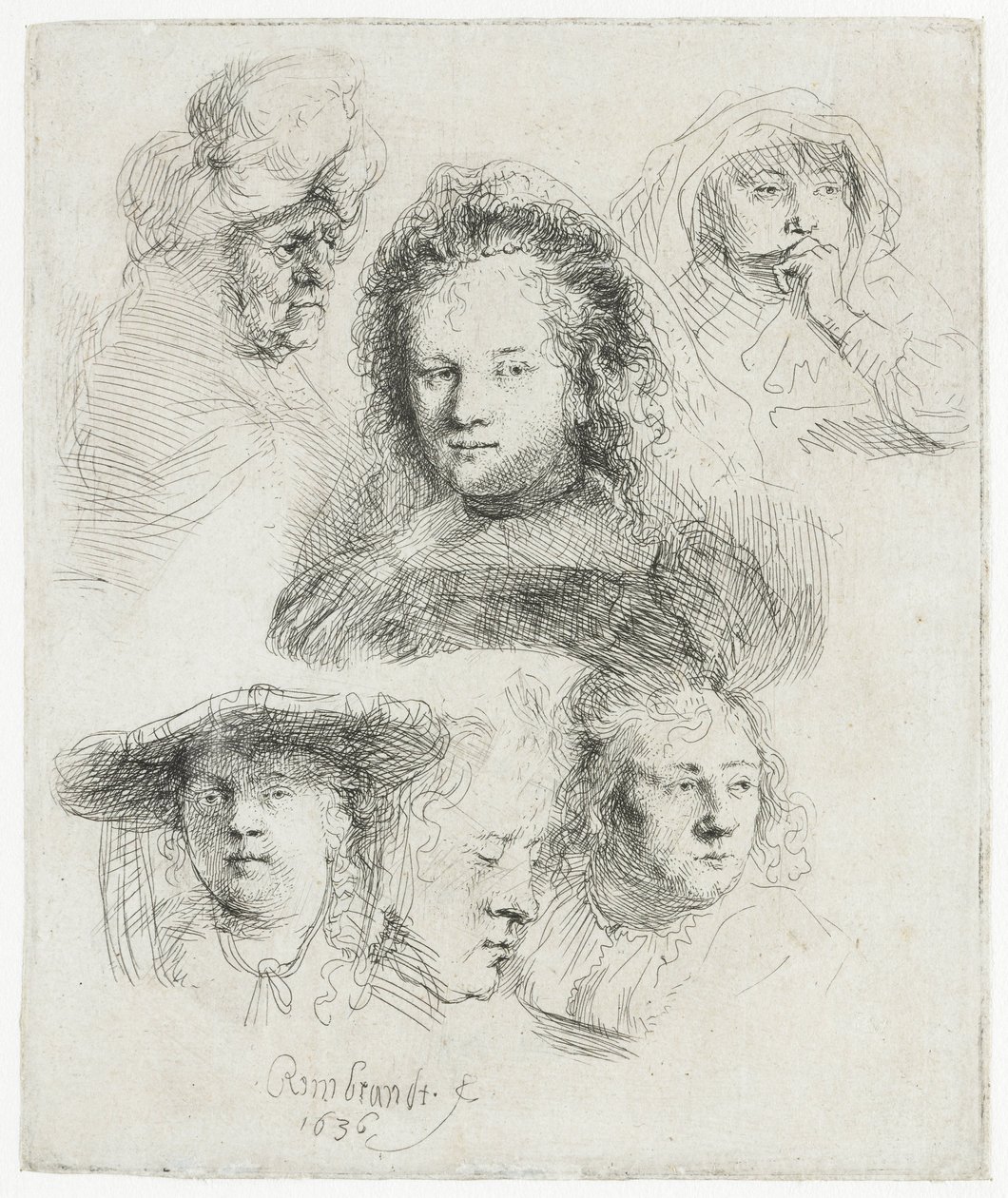 Studier av chefen för Saskia m.fl av Rembrandt van Rijn