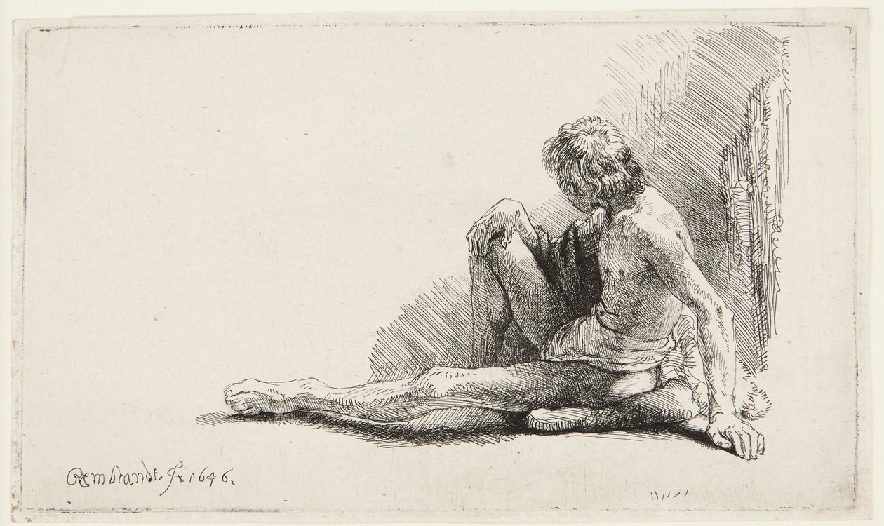 Studie efter nakenmodell (Man sittande på marken) (Bartsch 196, den andra av två versioner; H. 221; Muntz 137 II) av Rembrandt van Rijn