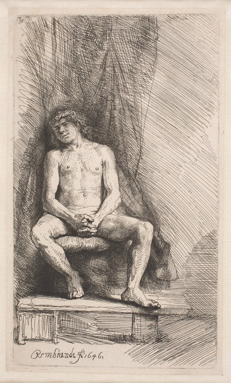 Nakenmodell: man sittande framför en gardin av Rembrandt van Rijn