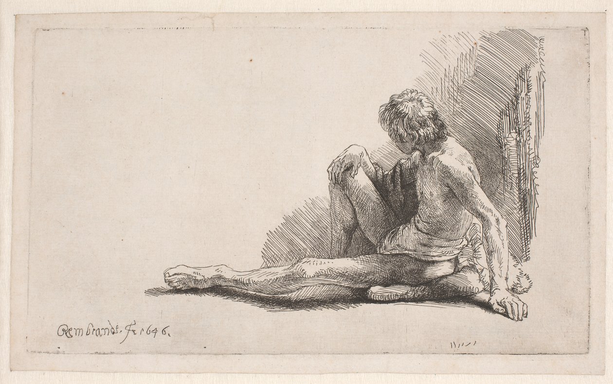 Nakenstudie: man sittande på marken med ett ben utsträckt av Rembrandt van Rijn