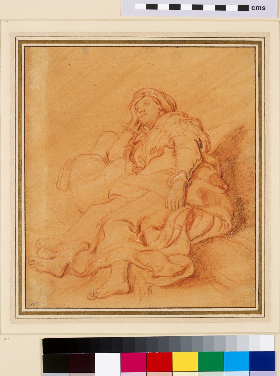 Studie av Rachels figur, ca 1621 (röd krita med svartvit krita på orange förberett papper) av Rembrandt van Rijn