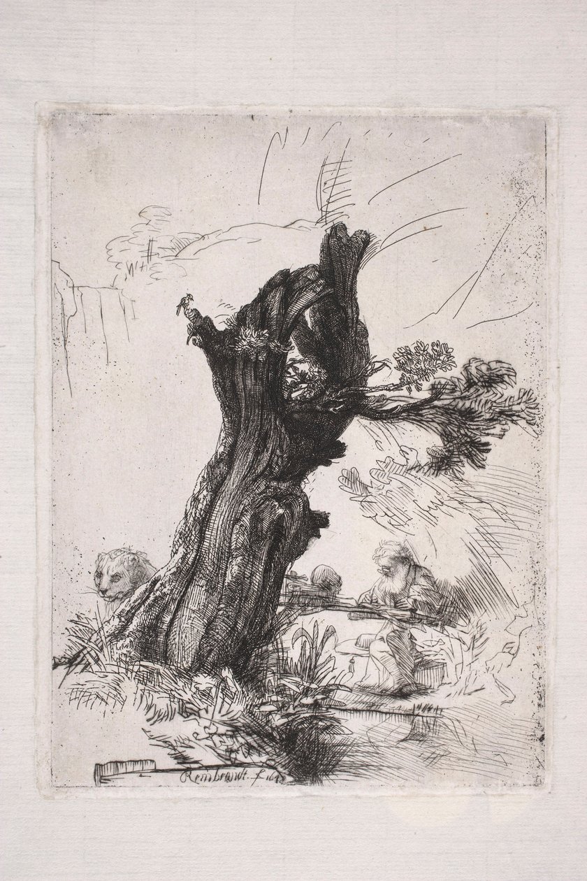 Den helige Hieronymus skriver vid en pilstam av Rembrandt van Rijn