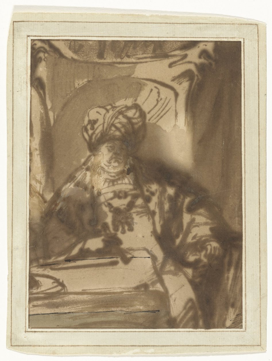 Skådespelaren Willem Bartholsz Ruyter som kung Ahasveros på sin tron av Rembrandt van Rijn