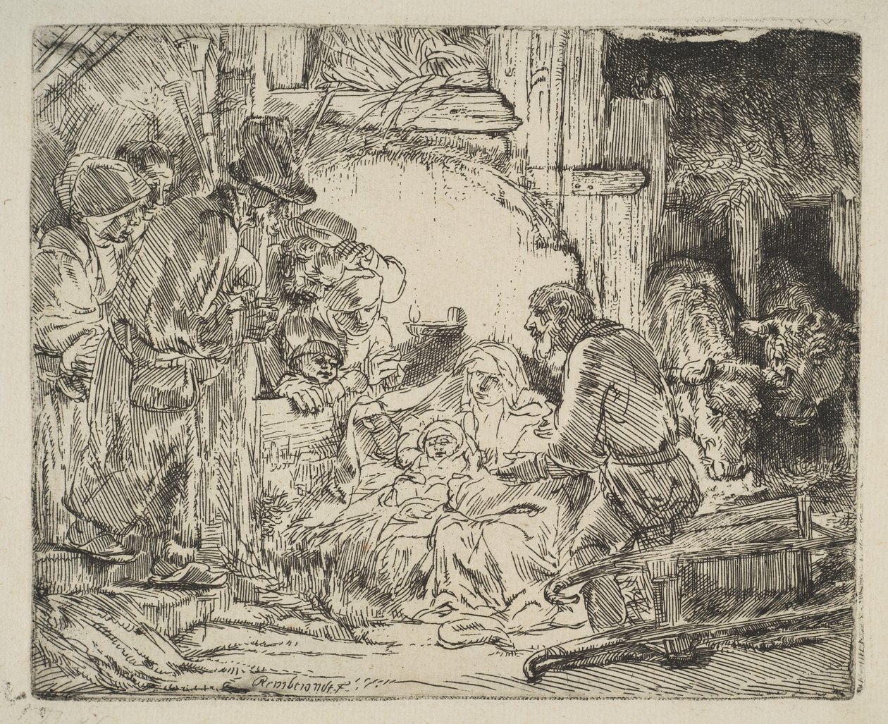 Herdarnas tillbedjan, med lampan, ca. 1654. av Rembrandt van Rijn
