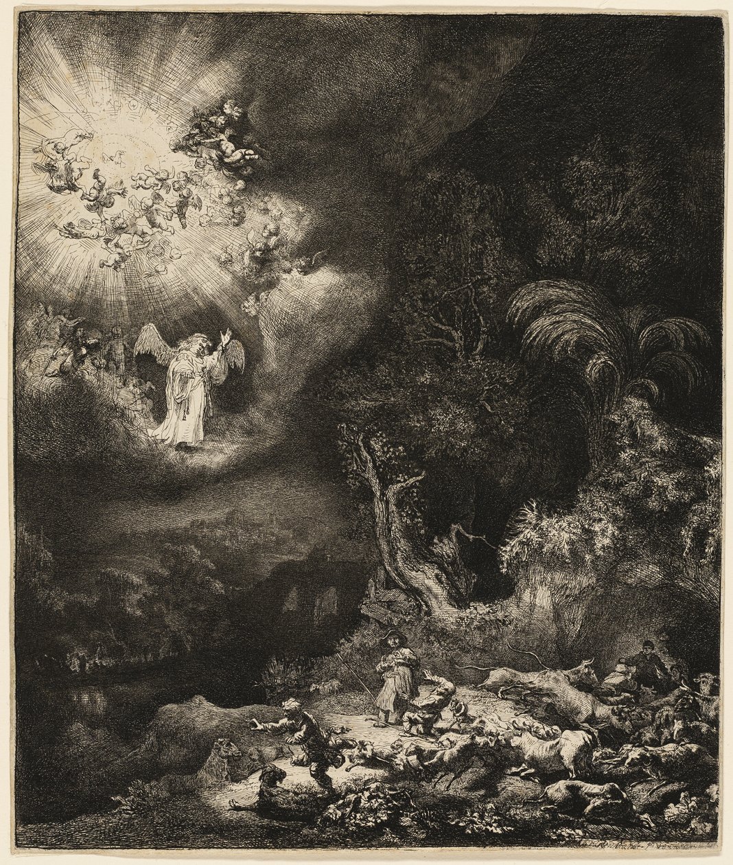 Ängeln som visar sig för herdarna av Rembrandt van Rijn