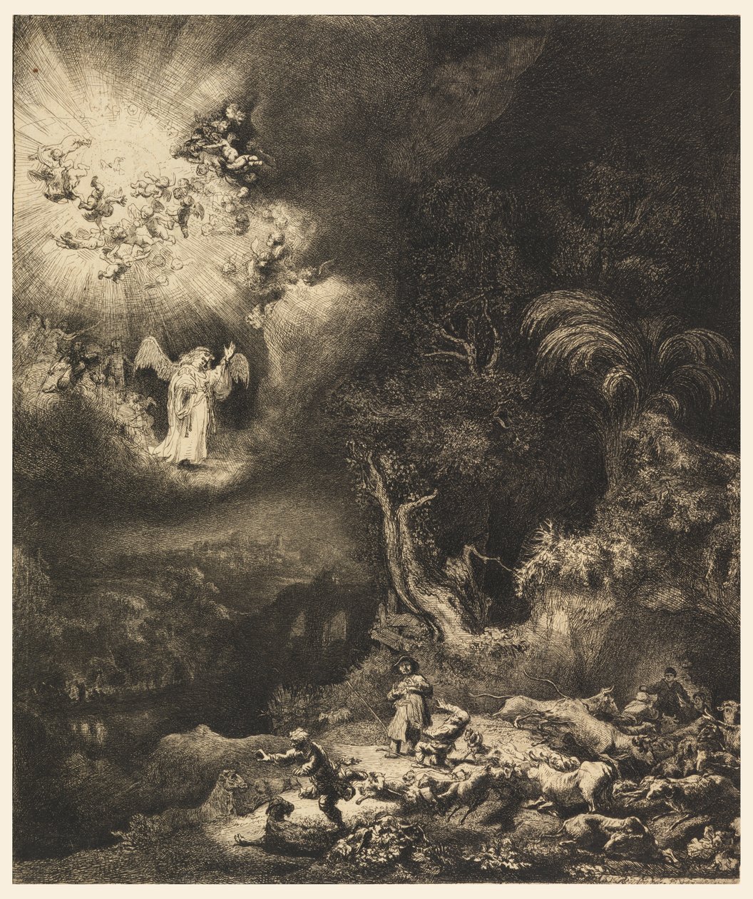 Ängeln som visar sig för herdarna av Rembrandt van Rijn
