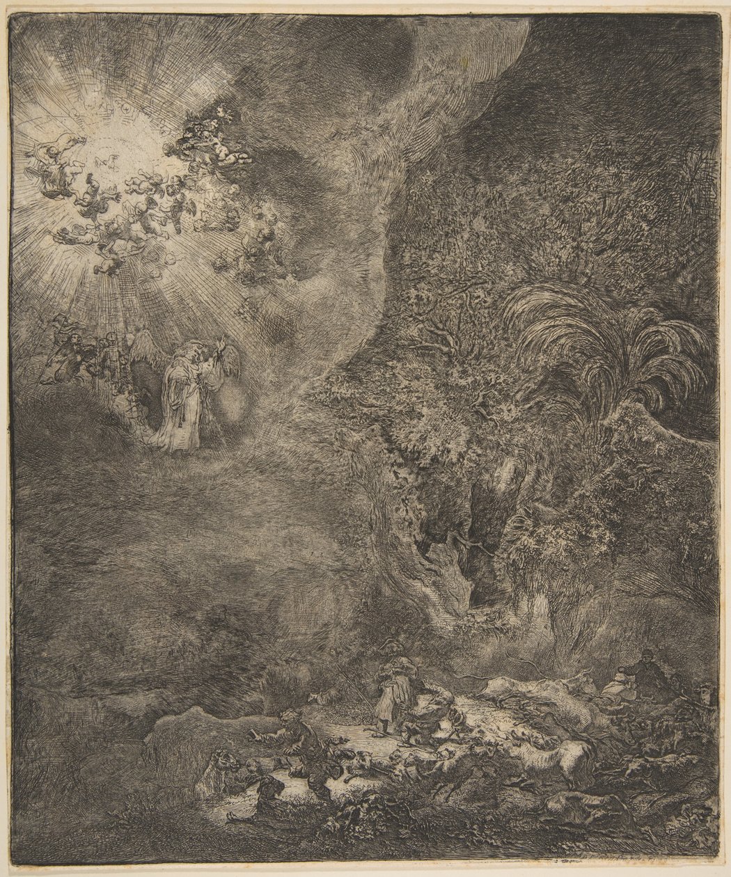 Ängeln som visar sig för herdarna. av Rembrandt van Rijn
