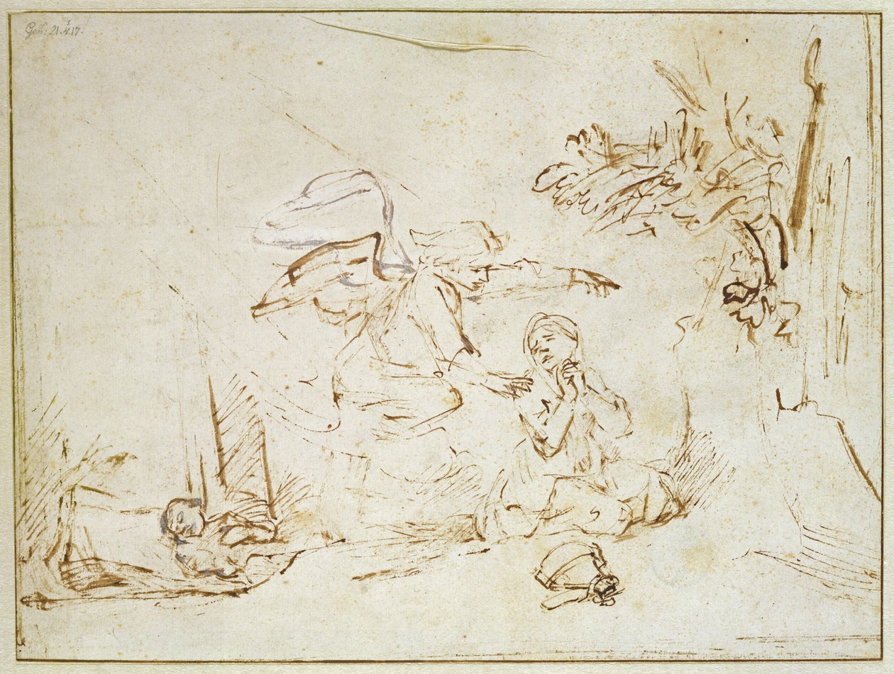 Ängeln visar sig för Hagar och Ismael i vildmarken (penna och brunt bläck med kroppsfärg på papper) av Rembrandt van Rijn