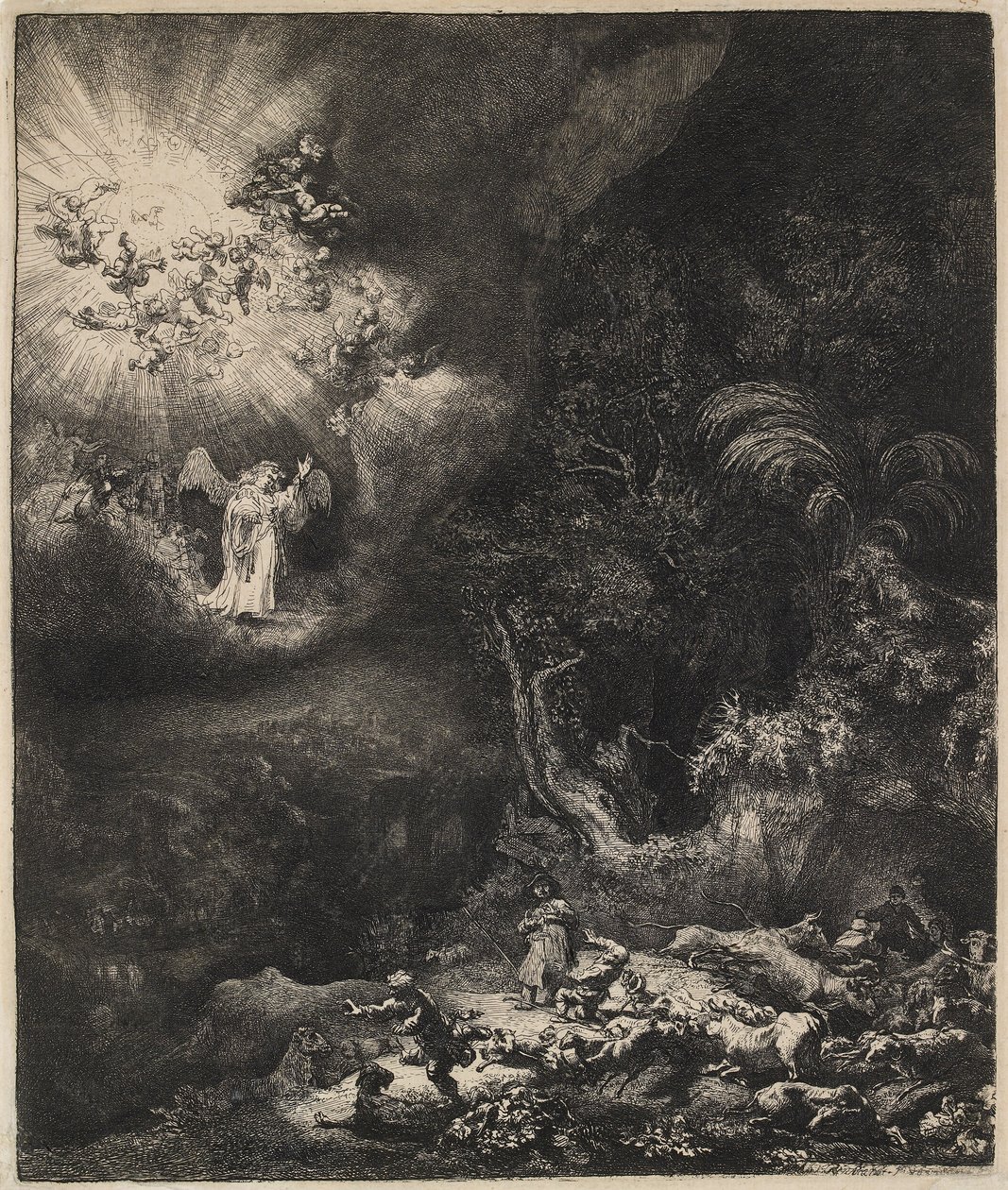 Ängeln som visar sig för herdarna, 1634. av Rembrandt van Rijn