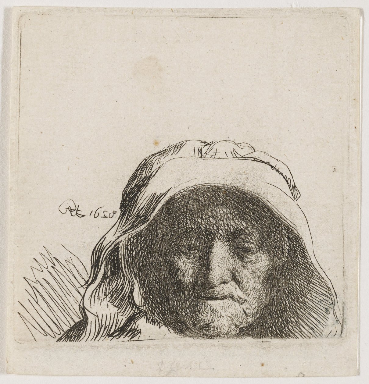 Konstnärens mor: endast huvudet, framifrån av Rembrandt van Rijn