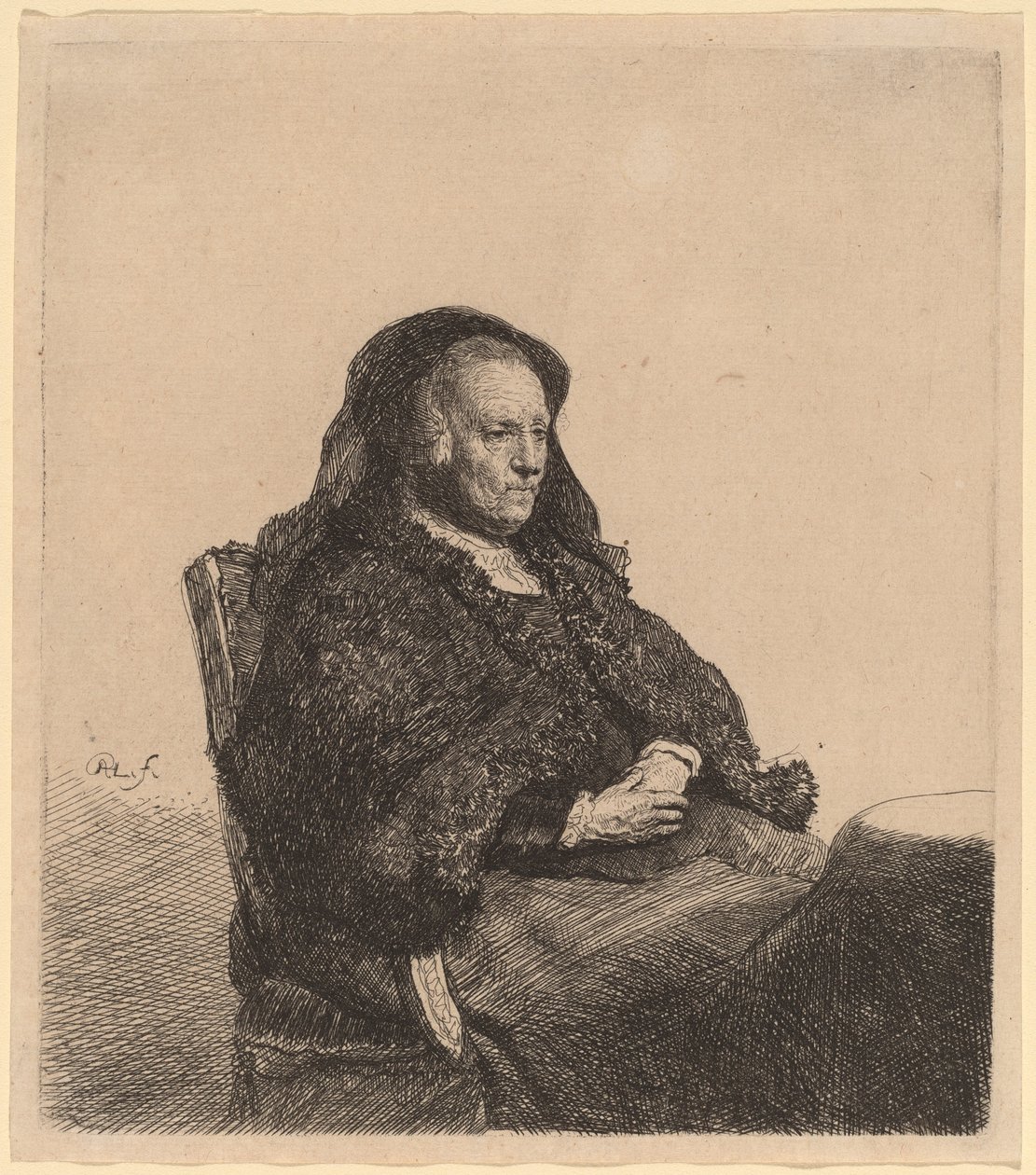 Konstnärens mamma sitter vid ett bord och tittar rätt av Rembrandt van Rijn