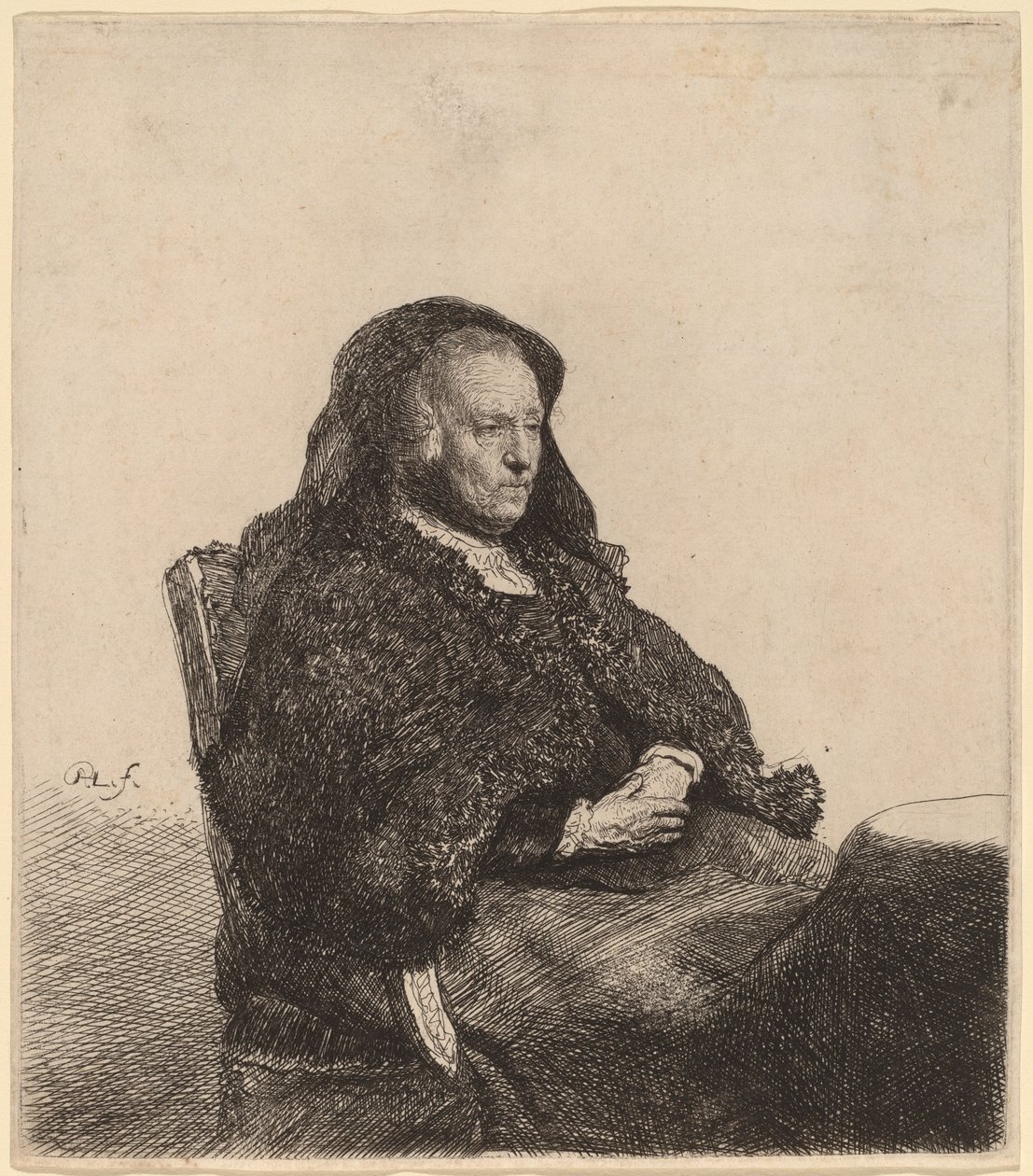 Konstnärens mamma sitter vid ett bord och tittar rätt av Rembrandt van Rijn