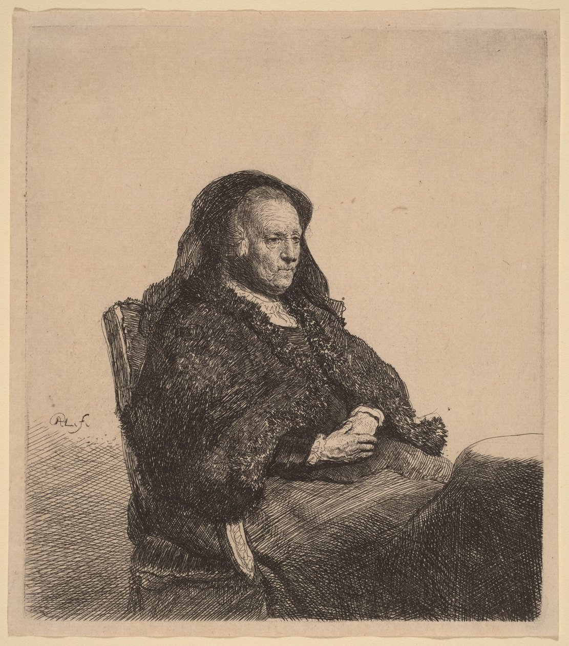 Konstnärens mor sittande vid ett bord, blickande åt höger av Rembrandt van Rijn