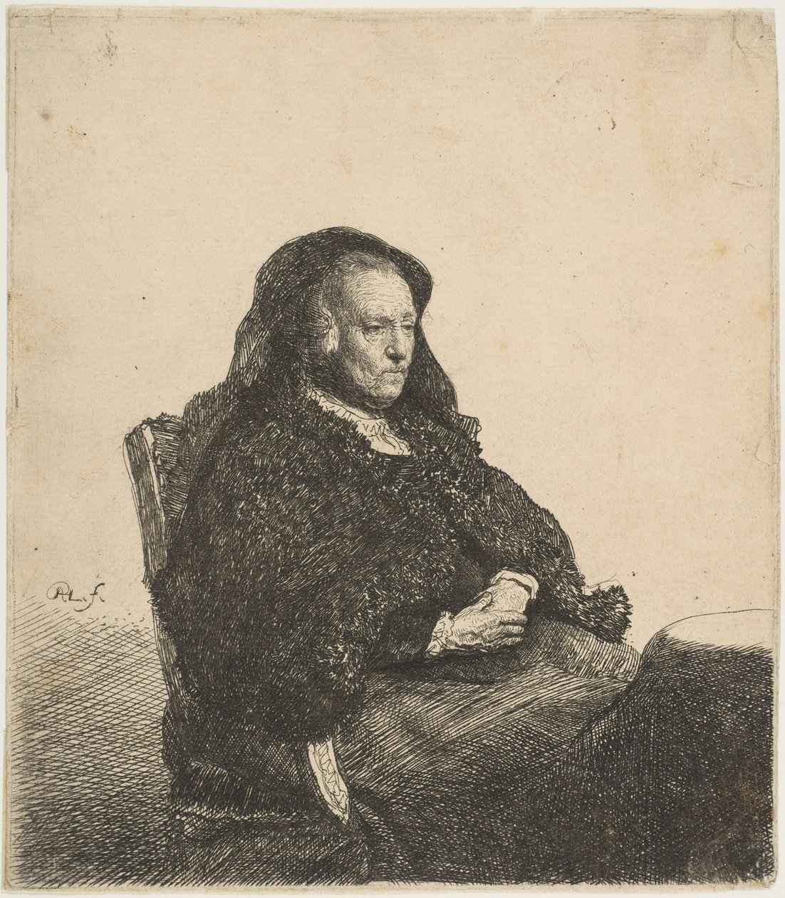 Konstnärens mamma sitter vid ett bord och ser rätt: Tre fjärdedels längd, ca. 1631. av Rembrandt van Rijn