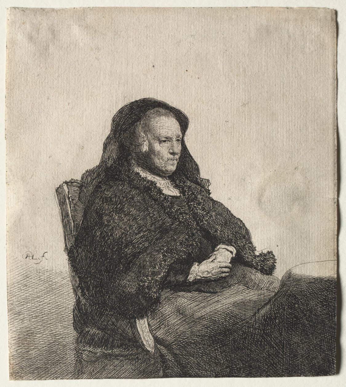 Konstnärens mor sitter vid ett bord, tittar åt höger: Tre fjärdedels längd av Rembrandt van Rijn