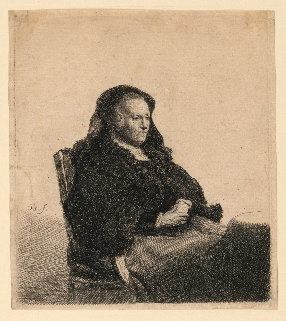 Konstnärens mor sitter vid ett bord, tittar åt höger: Tre fjärdedels längd av Rembrandt van Rijn