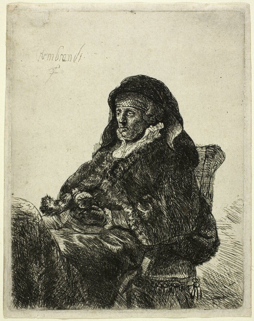 Konstnärens mor sitter vid ett bord och tittar åt höger: Tre fjärdedels längd av Rembrandt van Rijn