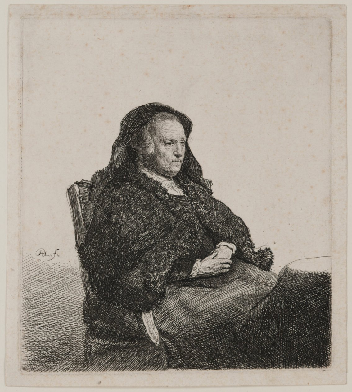 Konstnärens mor sitter vid ett bord och tittar åt höger: Tre fjärdedels längd av Rembrandt van Rijn