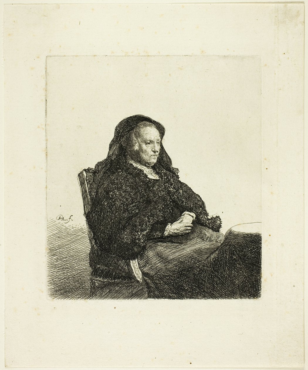 Konstnärens mor sitter vid ett bord och tittar åt höger: Tre fjärdedels längd av Rembrandt van Rijn