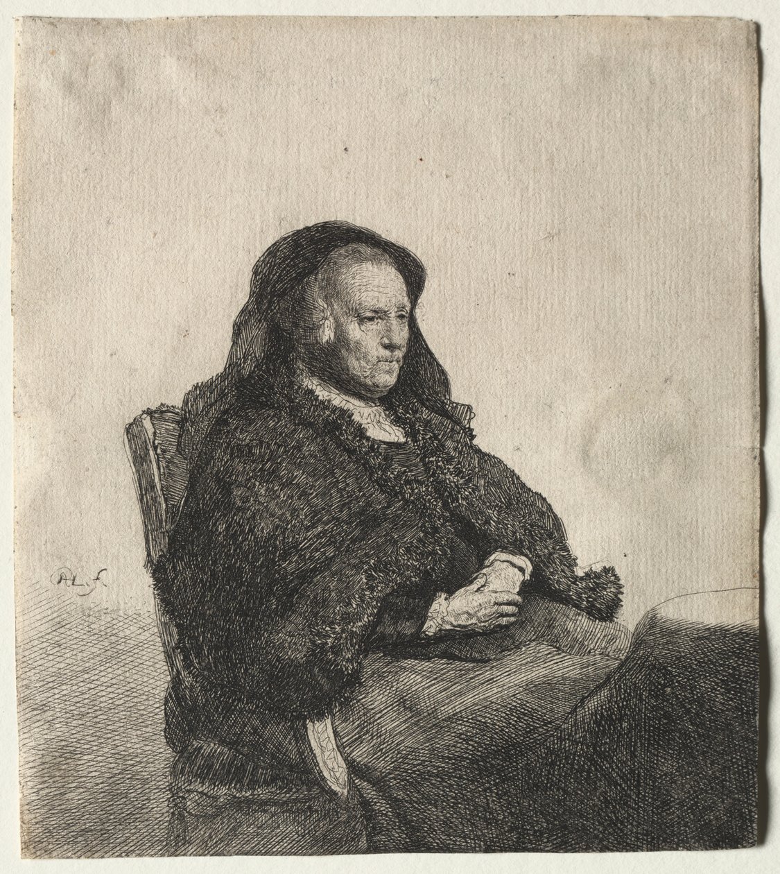 Konstnärens mamma sitter vid ett bord, tittar åt höger: Tre fjärdedels längd, ca. 1631. av Rembrandt van Rijn