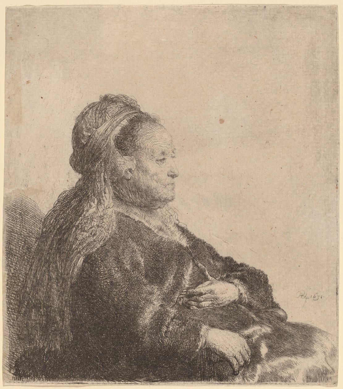 Konstnärens mor sitter, i en orientalisk huvudbonad av Rembrandt van Rijn