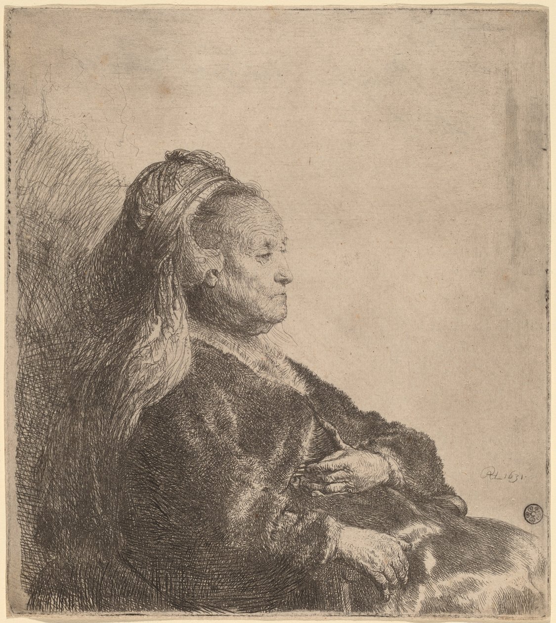 Konstnärens mor sitter, i en orientalisk huvudbonad av Rembrandt van Rijn