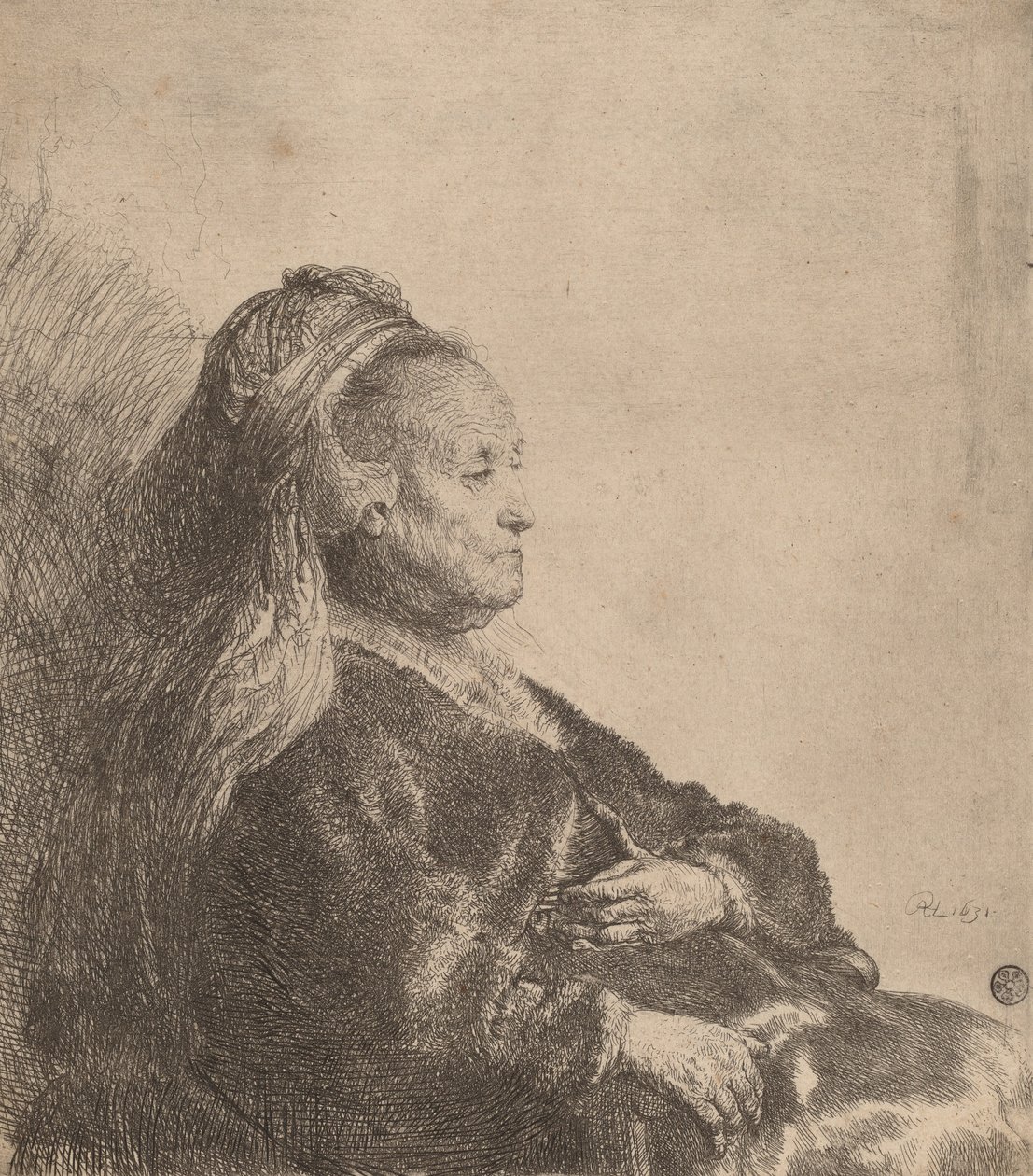 Konstnärens mor sitter, i en orientalisk huvudbonad, 1631. av Rembrandt van Rijn